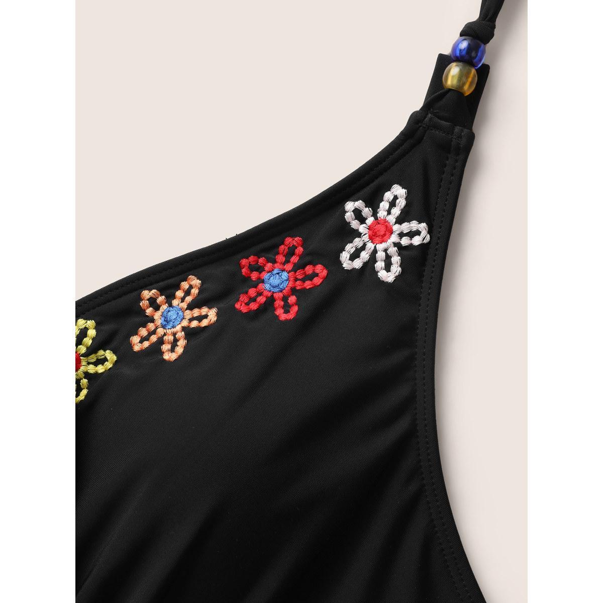 Plus Size Overlap Collar Floral Embroidered Tie Knot Swim Top Women's Swimwear Black Beach Tie knot High stretch Skinny Overlap Collar Curve Swim Tops BloomChic 18-20/2X Product Image