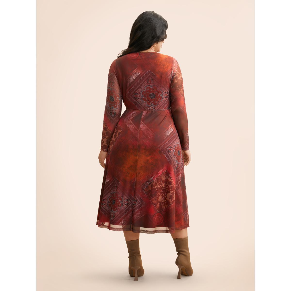 Plus Size Boho Print Belted Mesh Midi Dress Russet Women Elegant See through V-neck Long Sleeve Curvy BloomChic 14-16/1X Product Image