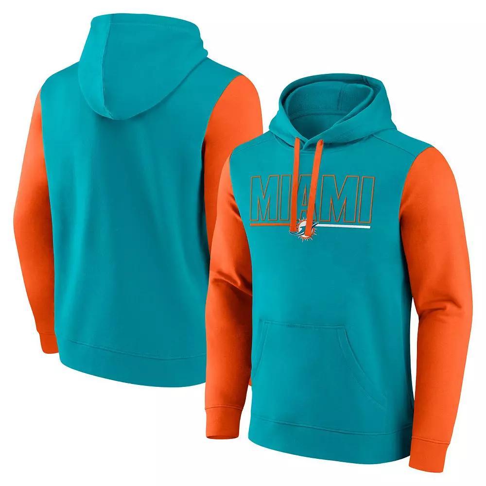 Men's Fanatics Aqua/Orange Miami Dolphins Outline Pullover Hoodie, Size: 5XL, Turquoise A Product Image