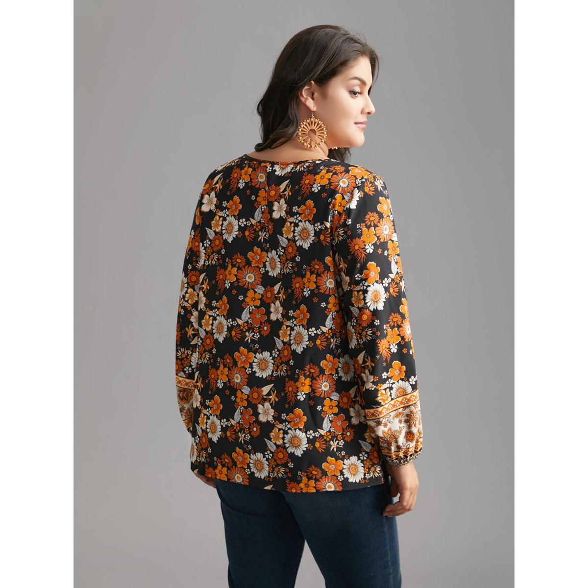 Plus Size Black Boho Print Tie Knot Lantern Sleeve Blouse Women Resort Long Sleeve Notched collar Vacation Blouses BloomChic 28/5X Product Image