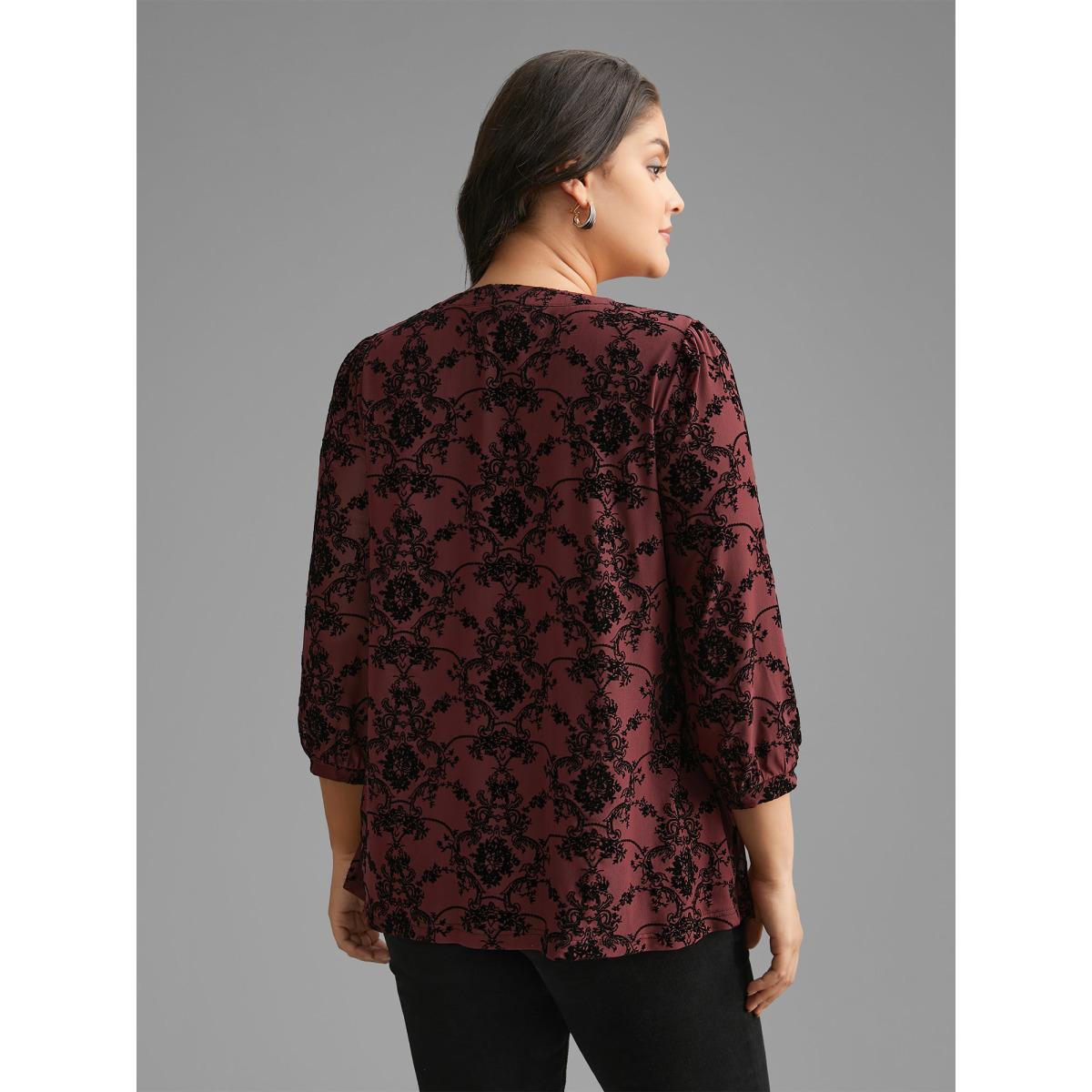 Plus Size Burgundy Boho Print Flocking Mesh Blouse Women Elegant Elbow-length sleeve Flat collar with V-notch Everyday Blouses BloomChic 10/M Product Image