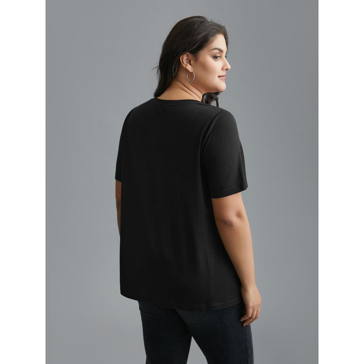 Plus Size Meow Print Round Neck Slim-Fit T-shirt Black Women Casual Non Animals Round Neck Everyday T-shirts BloomChic 30/6X Product Image