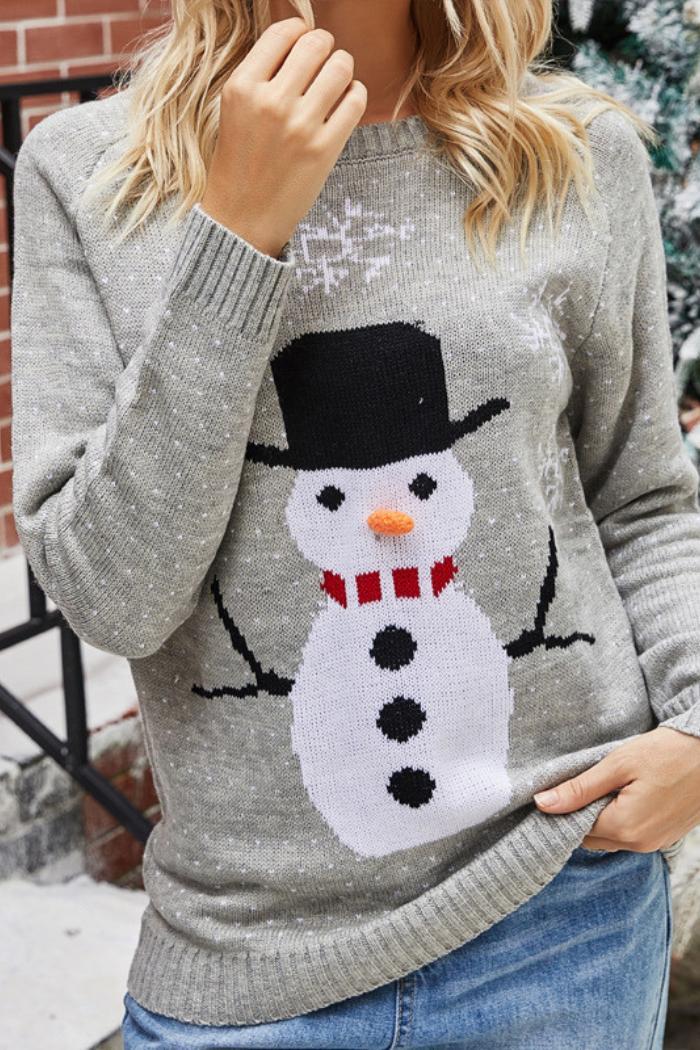 Snowman Christmas Snowflake Crewneck Pullover Knit Sweater Product Image