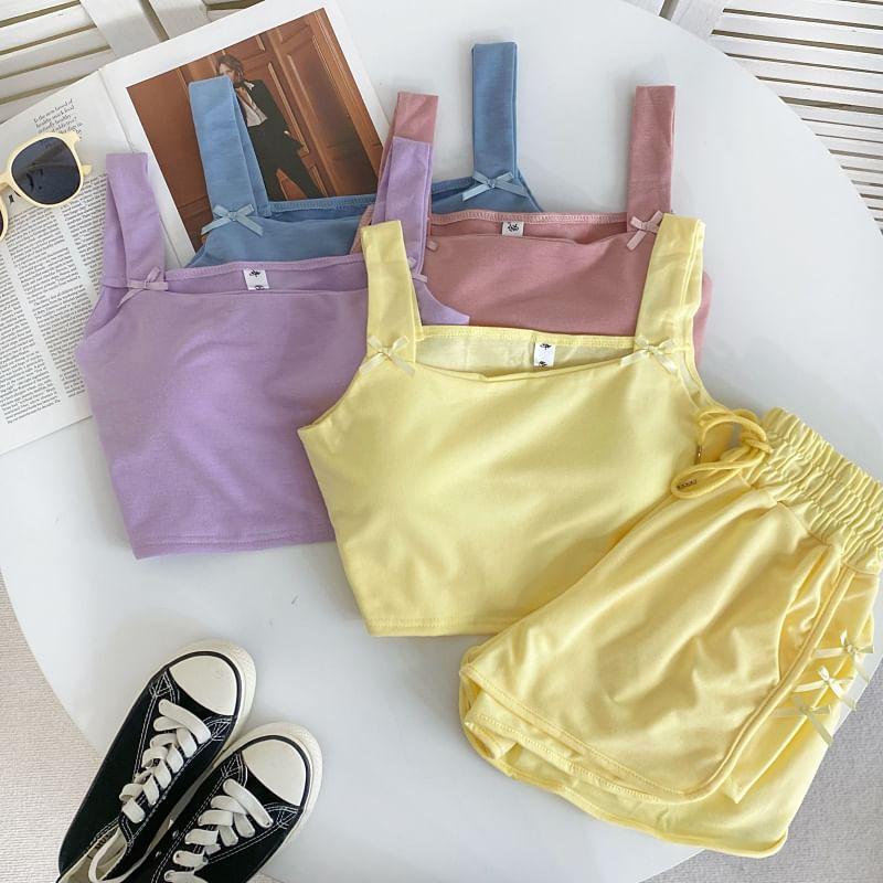 Set: Square Neck Plain Bow Crop Camisole Top + Drawstring Waist Sweat Shorts Product Image