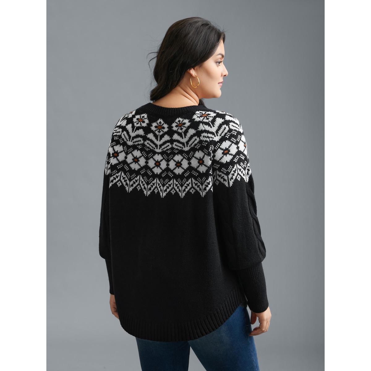 Plus Size Floral Cable Knit Curved Hem Pullover Black Women Casual Loose Long Sleeve Round Neck Everyday Pullovers BloomChic 14-16/1X Product Image