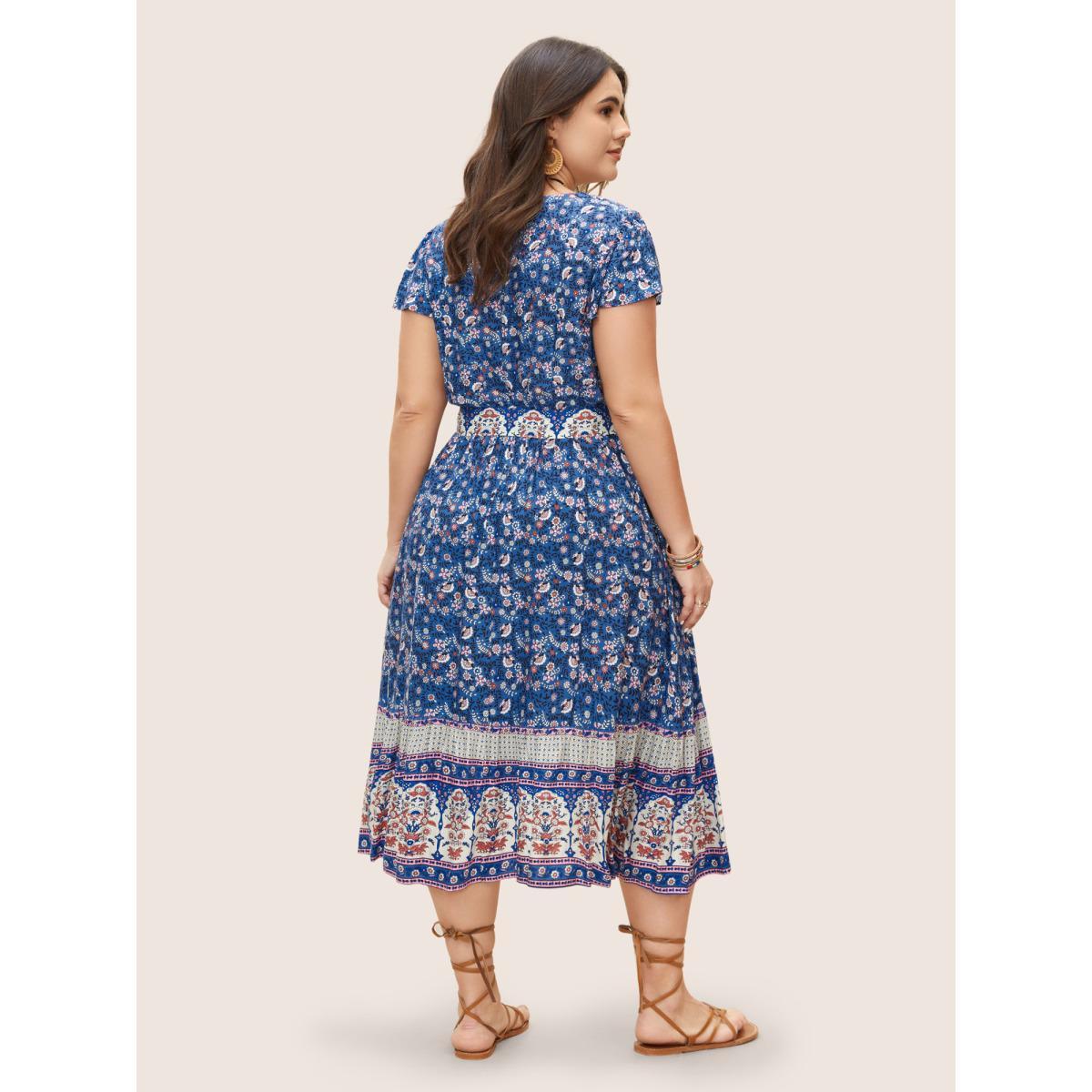 Plus Size Boho Print Surplice Neck Belted Dress Blue Women Resort Overlapping V-neck Cap Sleeve Curvy BloomChic 14-16/1X Product Image