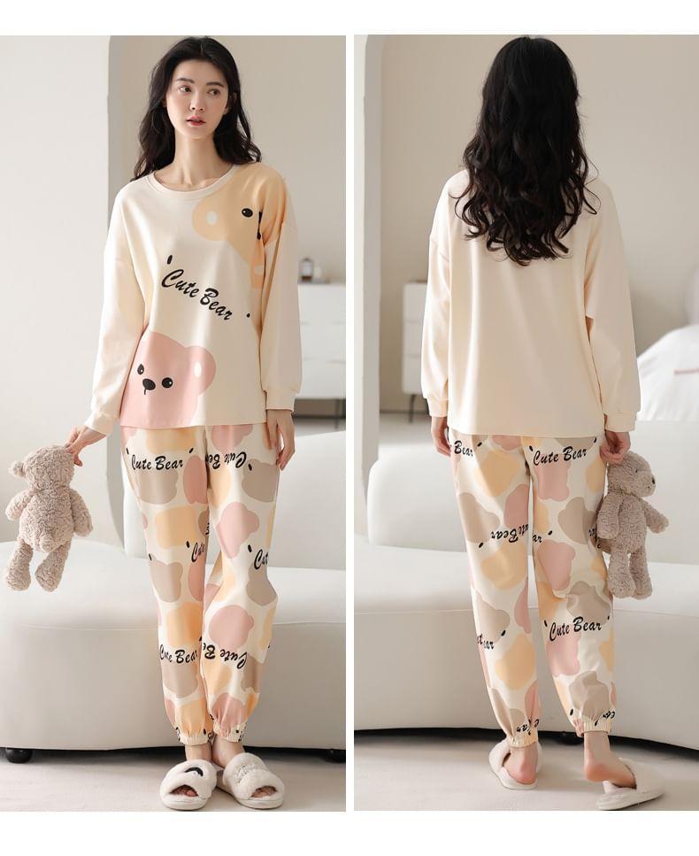 Loungewear Set : Long-Sleeve Bear Print Padded T-Shirt + Pants Product Image