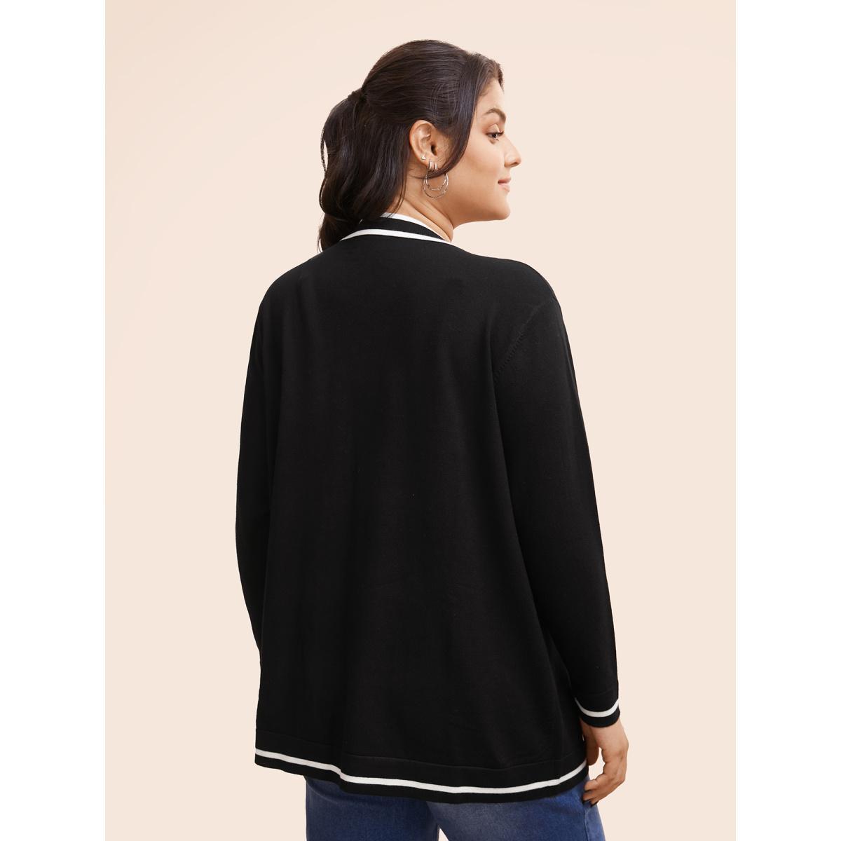 Plus Size Supersoft Essentials Striped Patchwork Pocket Open Front Cardigan Black Women Casual Loose Long Sleeve Everyday Cardigans BloomChic 12/L Product Image