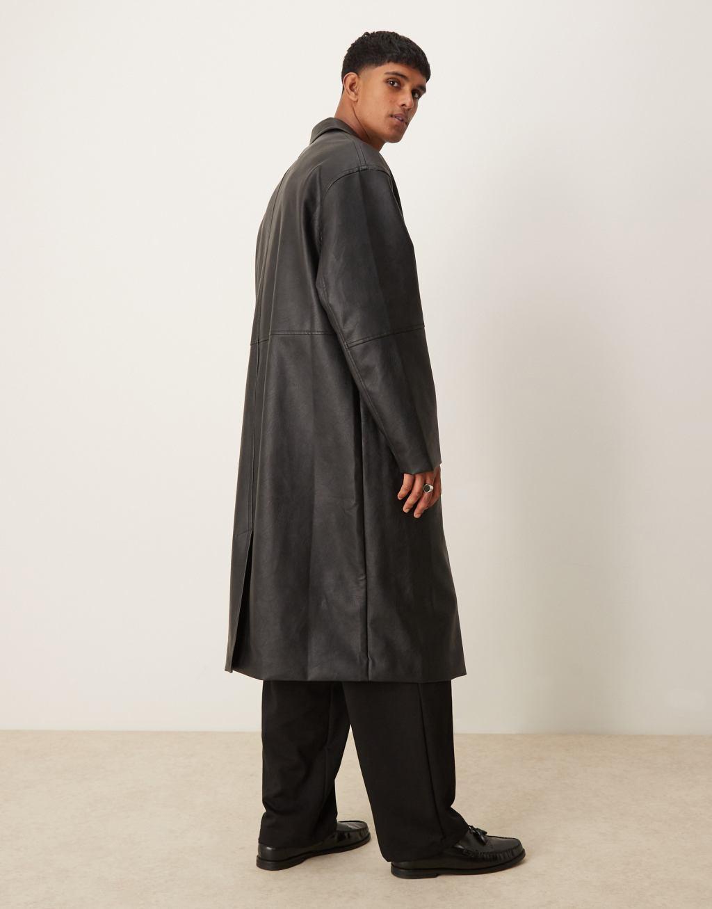 ASOS DESIGN faux leather oversized trench coat in black Product Image