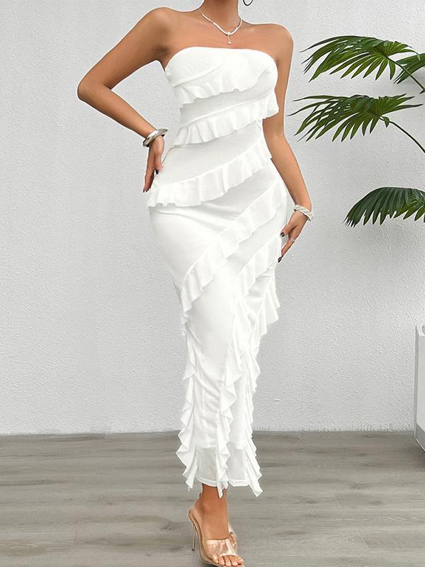 Bodycon High Waisted Ruffle Trim Solid Color Split-Back Split-Joint Tube Maxi Dresses Product Image