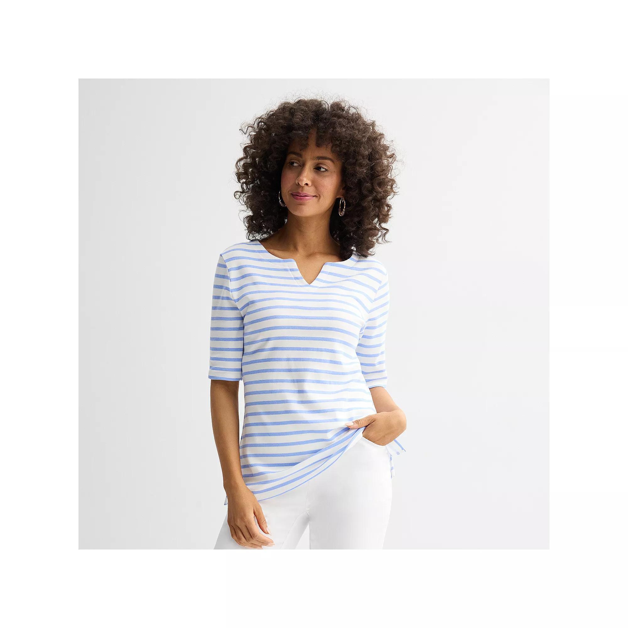 Women's Croft & Barrow® Elbow-Sleeve Splitneck Top, Size: XL, Blue Soft Stripe Product Image