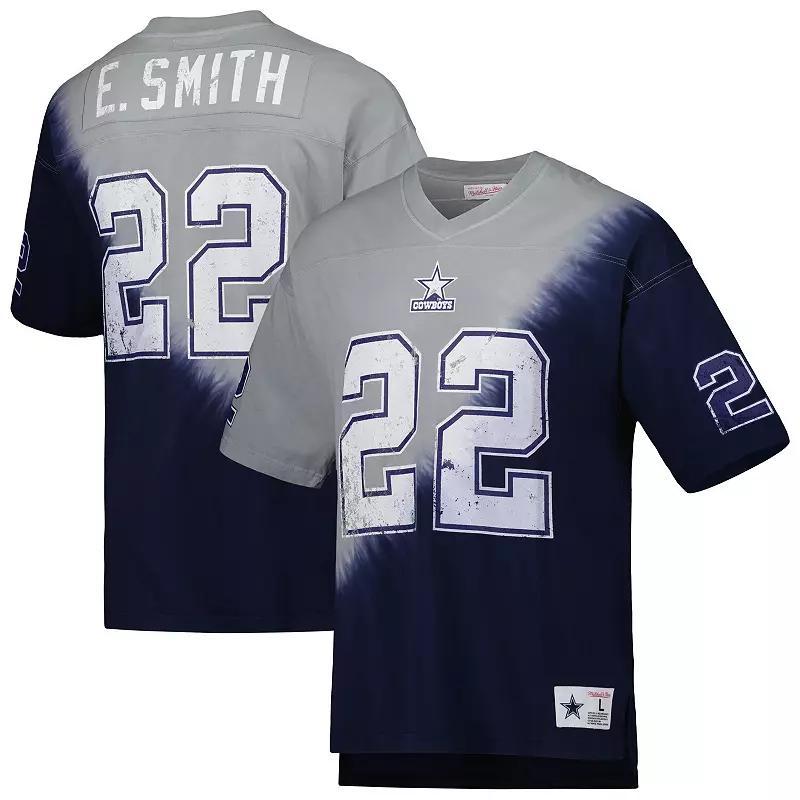 Men's Mitchell & Ness Emmitt Smith Navy/Gray Dallas Cowboys Retired Player Name & Number Diagonal Tie-Dye V-Neck T-Shirt, Size: Small, Blue Product Image
