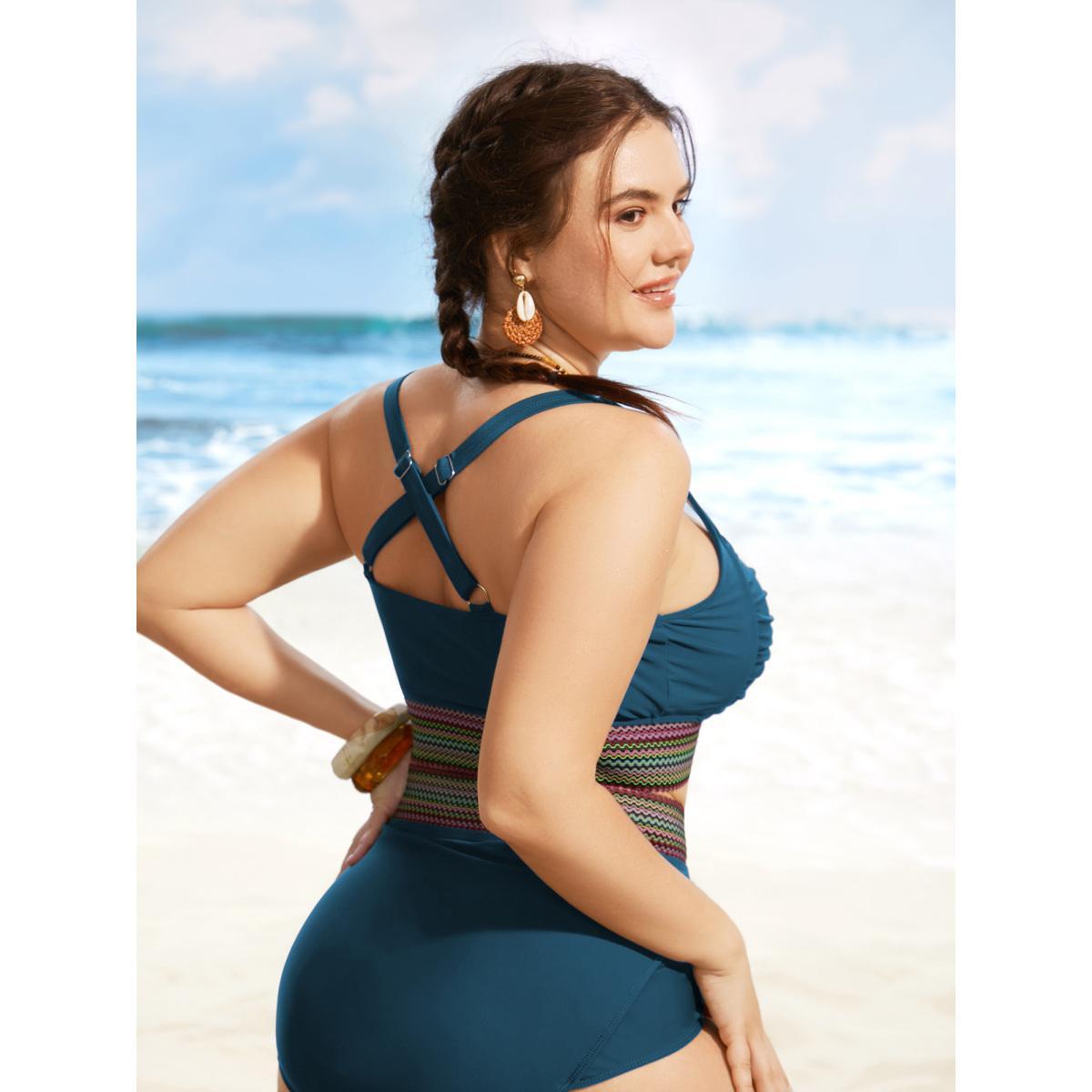Plus Size Twist Front Patchwork Woven Ribbon Swim Top Women's Swimwear Cyan Resort Woven ribbon&lace trim High stretch Skinny Heart neckline Curve Swim Tops BloomChic 30/6X Product Image