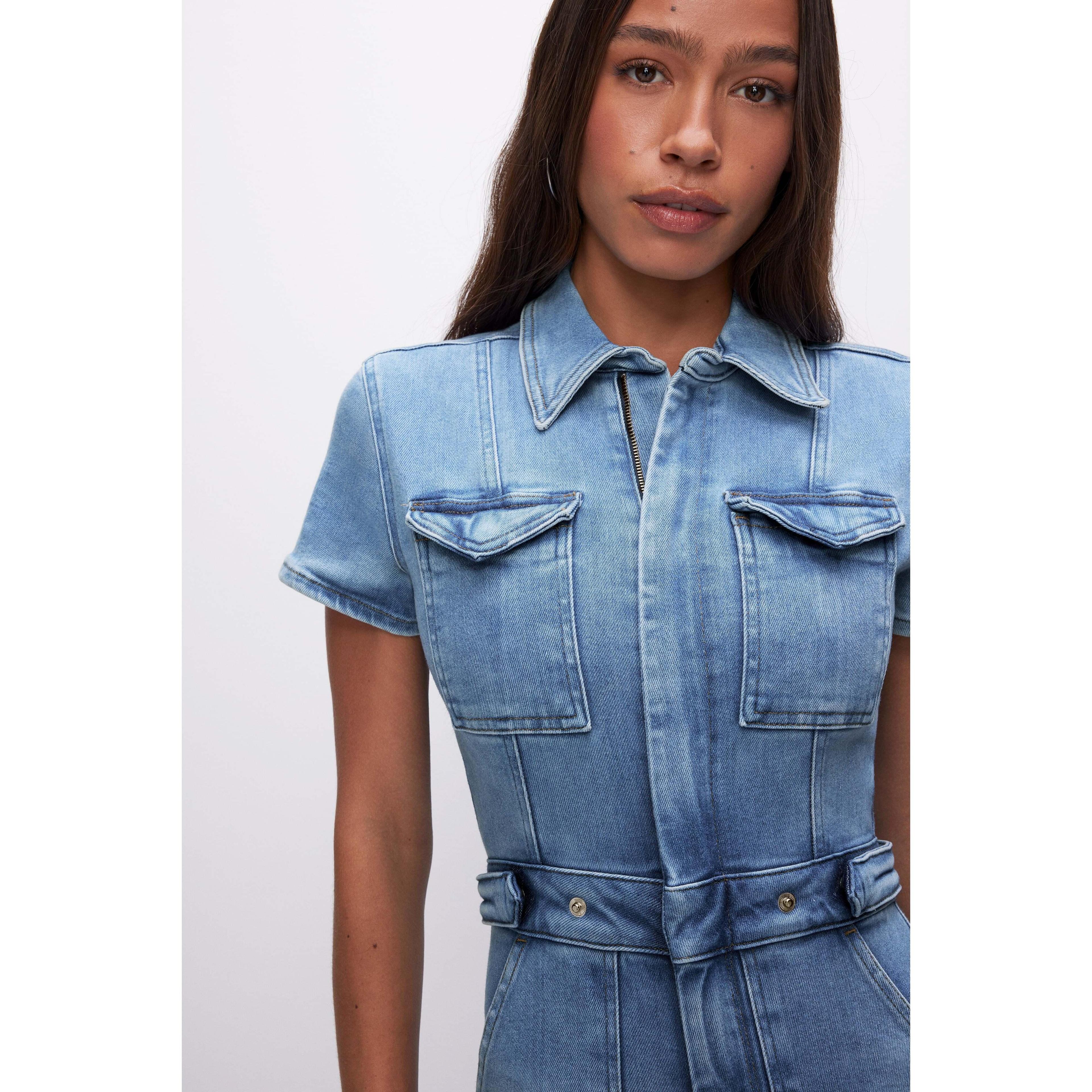 Good American Plus Size Fit For Success Short Sleeve Point Collar Straight Leg Stretch Denim Jumpsuit Product Image