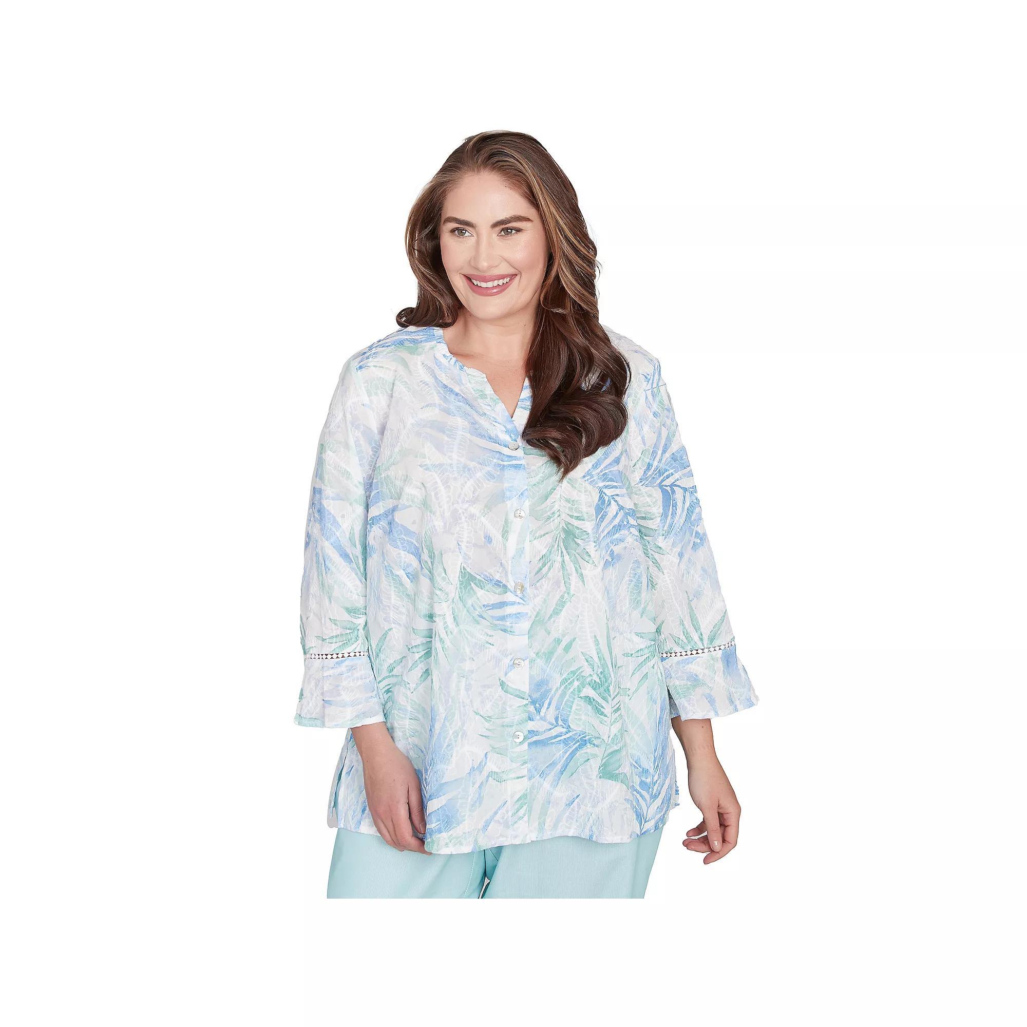 Plus Size Alfred Dunner Tropical Embroidered Button-Front Top, Women's, Size: 3XL, Skyblue Team Product Image