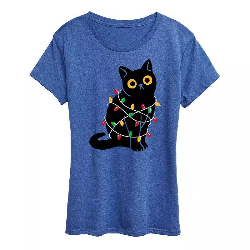 Womens Cat Wrapped In Christmas Lights Graphic Tee, Girls Product Image