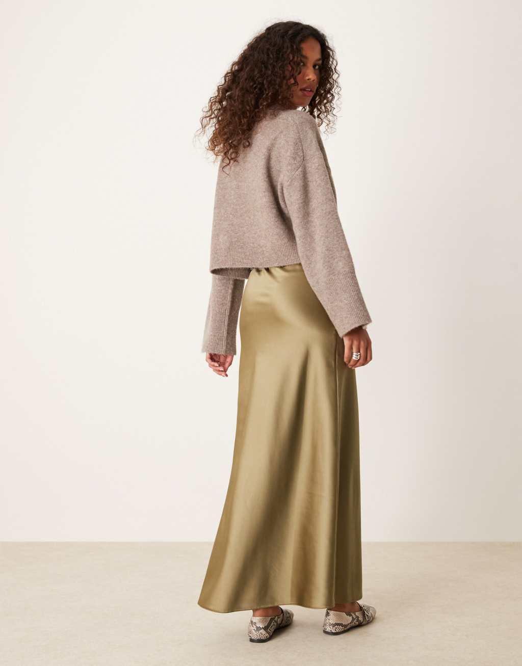 Miss Selfridge satin maxi skirt in khaki Product Image