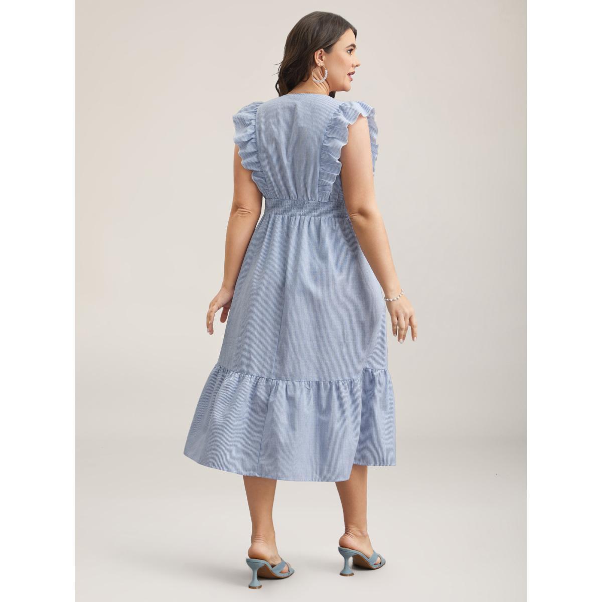 Plus Size Ruffled Striped Print Triangular Waist Midi Dress Skyblue Women Timeless Ruffles V-neck Cap Sleeve Curvy BloomChic 22-24/3X Product Image