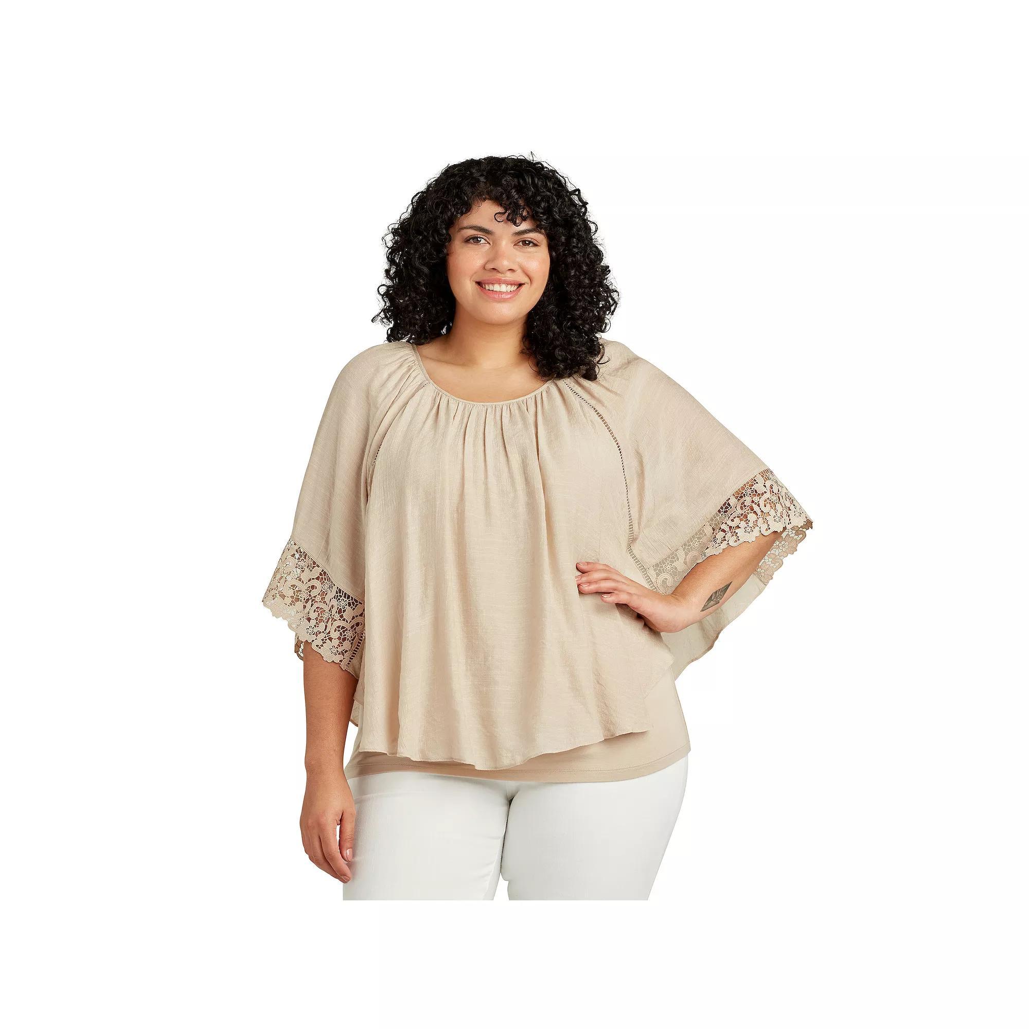Plus Size AB Studio Popover Lace Trim Top, Womens Brown Product Image