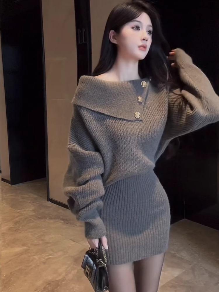 Long Sleeve Off Shoulder Plain Button Mini Sheath Sweater Dress Product Image