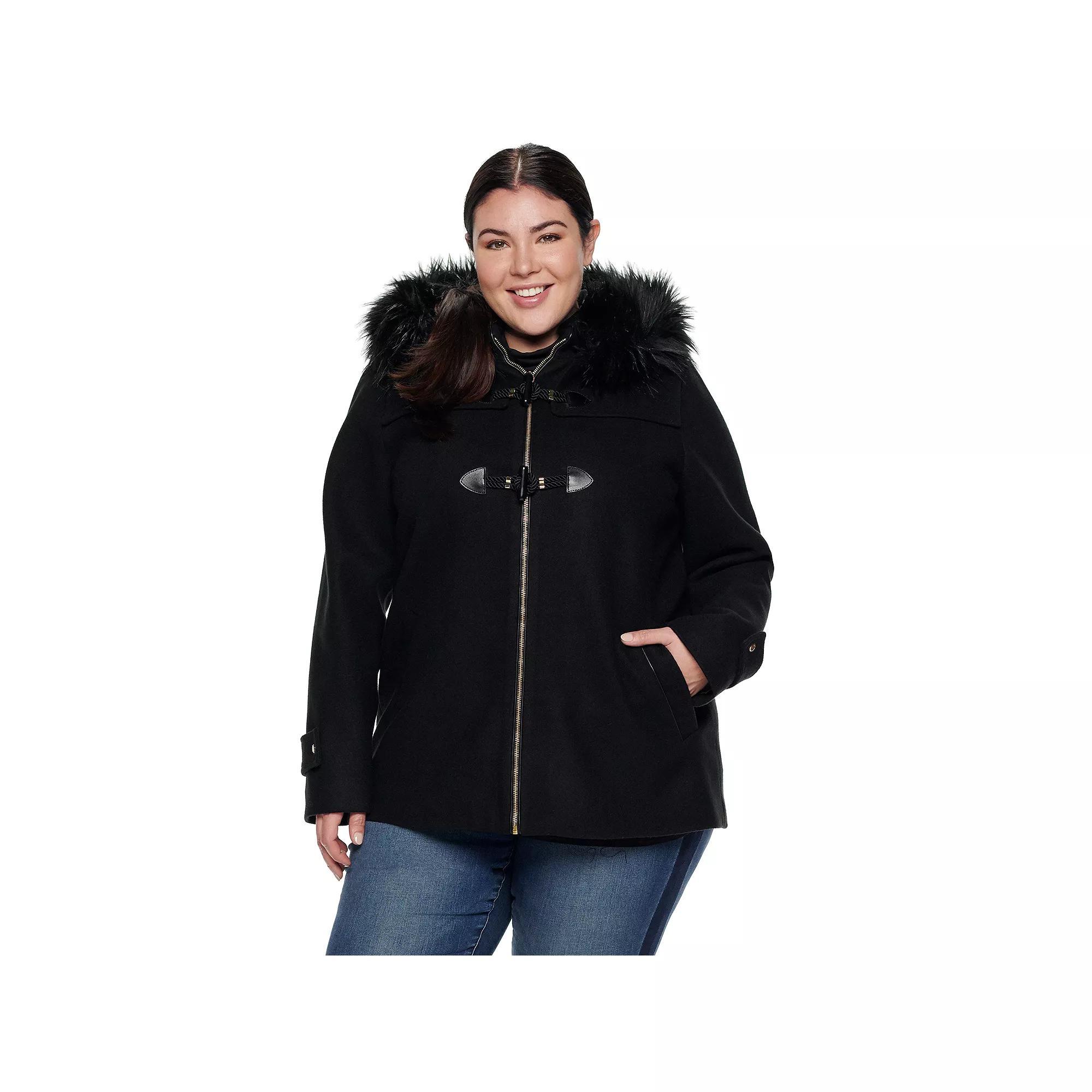 Plus Size Nine West Hooded Faux-Fur Trim Toggle Coat, Womens Product Image