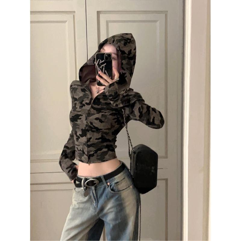 Camo Print Zip-Up Crop Hoodie Product Image