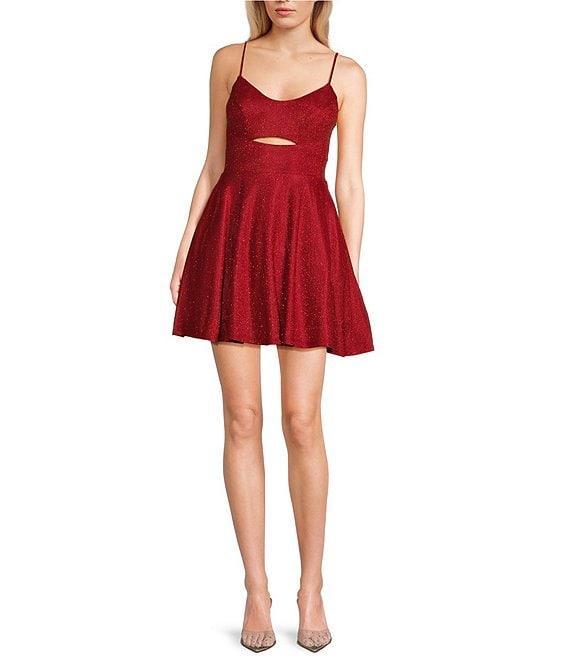 Blondie Nites Glitter Pattern Cinched Front Lace-Up Back Fit & Flare Dress Product Image
