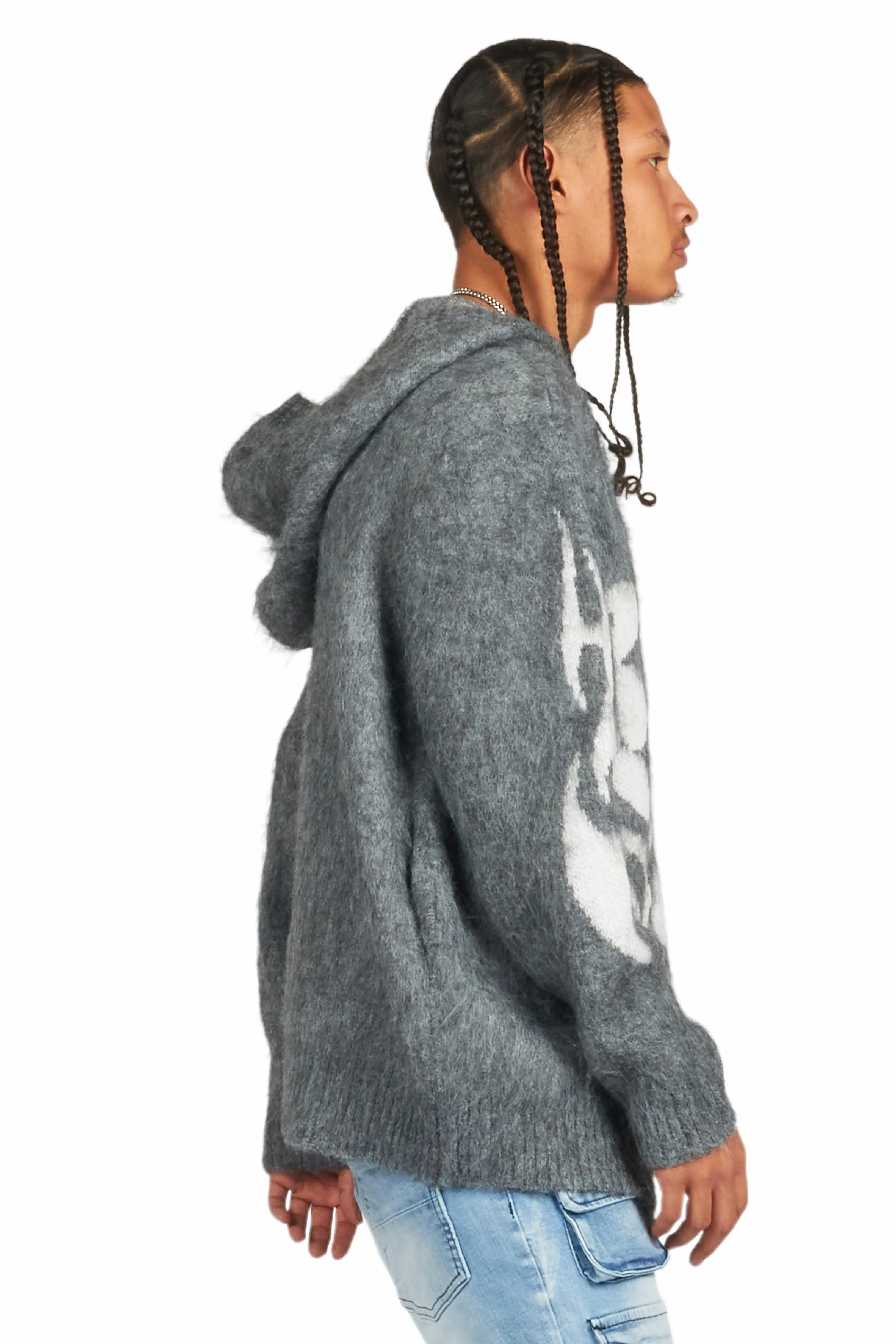 Hakon Grey Graphic Knitted Mohair Hoodie Male Product Image