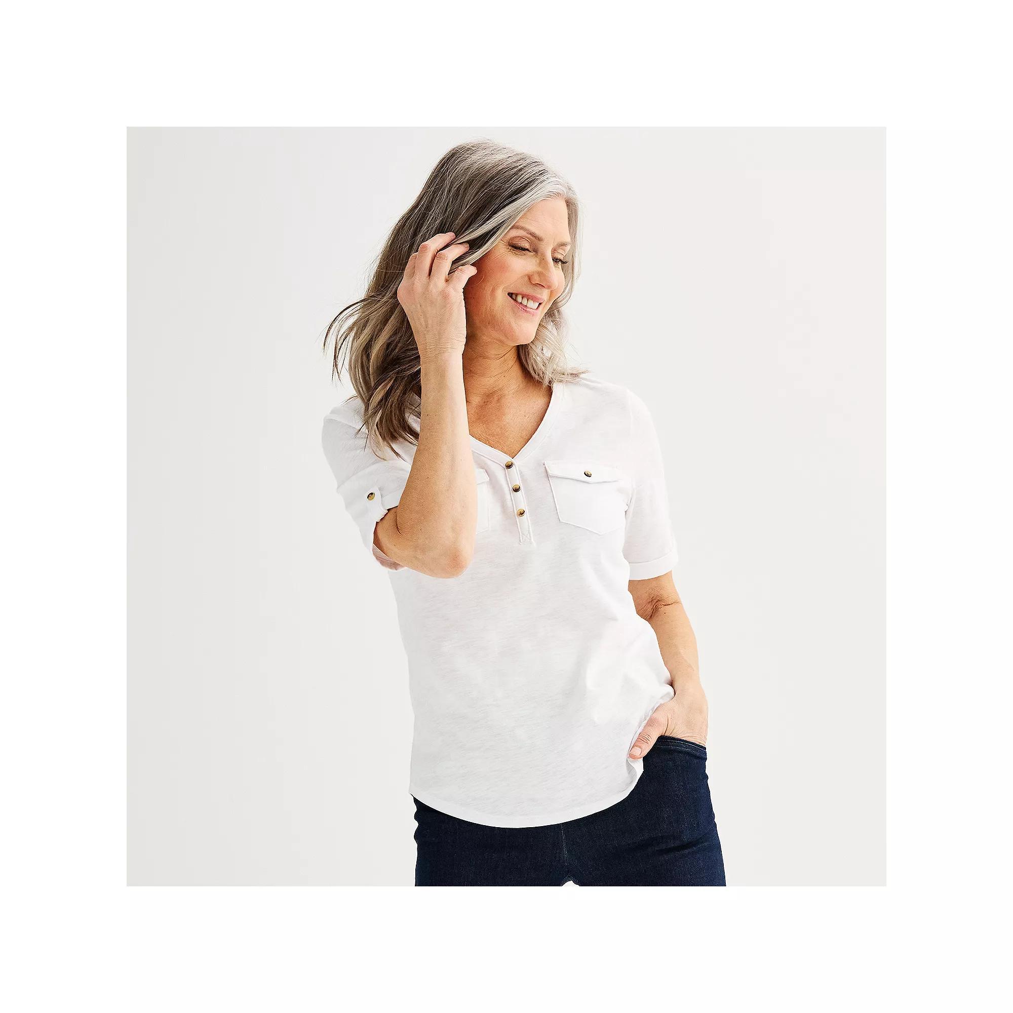 Petite Croft & Barrow® Elbow Sleeve Utility Henley Top, Women's, Size: Small Petite, Bright White Product Image