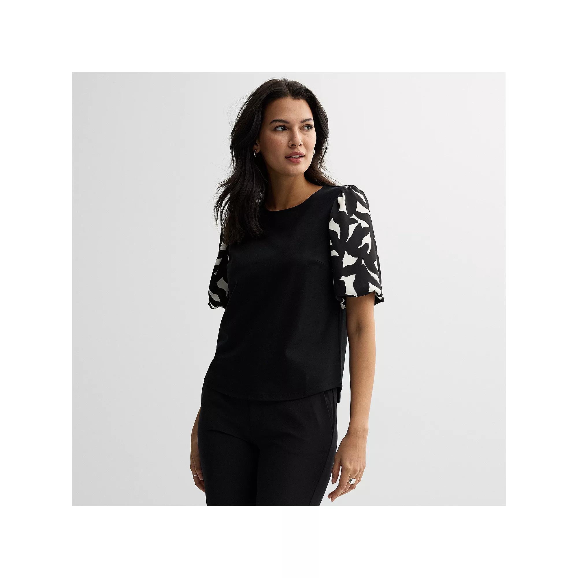 Petite Nine West Ponte Puff Sleeve Top, Women's, Size: XS Petite, Black Bold Leaf Product Image