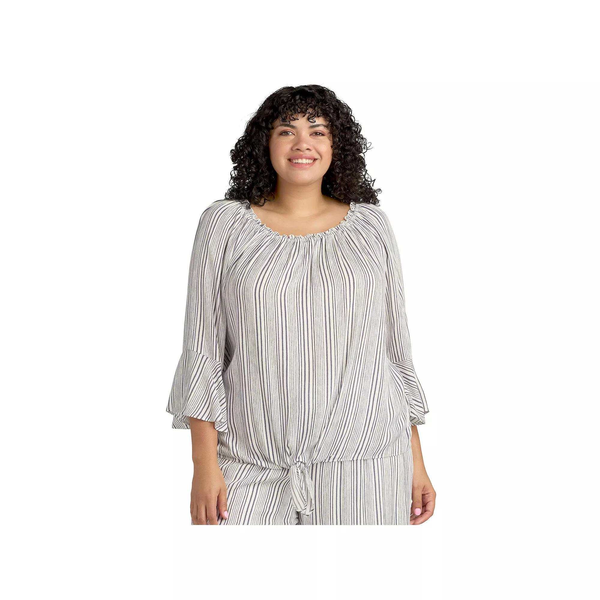 Plus Size AB Studio Off Shoulder Bell Sleeve Top, Women's, Size: 4XL, E Blue Stripe Product Image