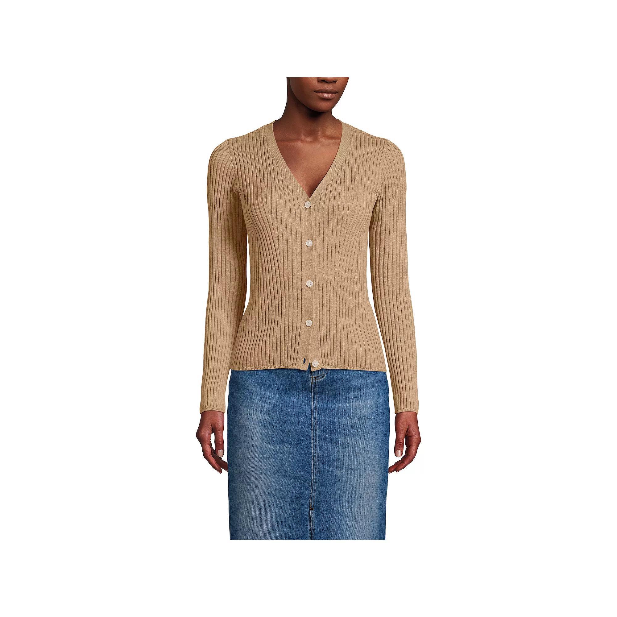 Women's Lands' End Ribbed V-Neck Cardigan Sweater, Size: XL, Vicuna Grey Product Image