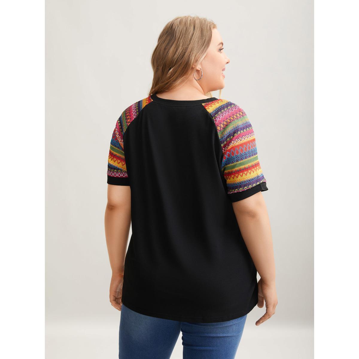 Plus Size Multi-Color Striped Sleeve Spliced T-Shirt Black Women Playful Contrast Round Neck Casual T-shirts BloomChic 30/6X Product Image