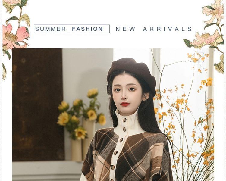 Set: Long-Sleeve Turtleneck Plaid Panel Top + High Rise Maxi A-Line Skirt Product Image