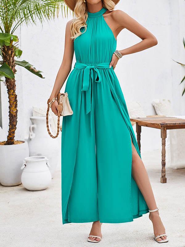 High Waisted Loose Pleated Solid Color Split-Front Tied Waist Halter-Neck Jumpsuits Product Image