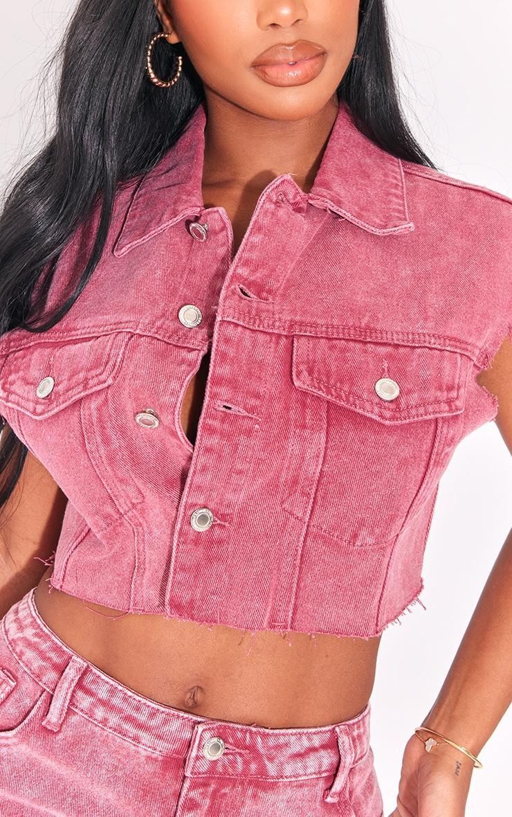 Shape Red Washed Denim Raw Hem Edge Cropped Jacket Product Image