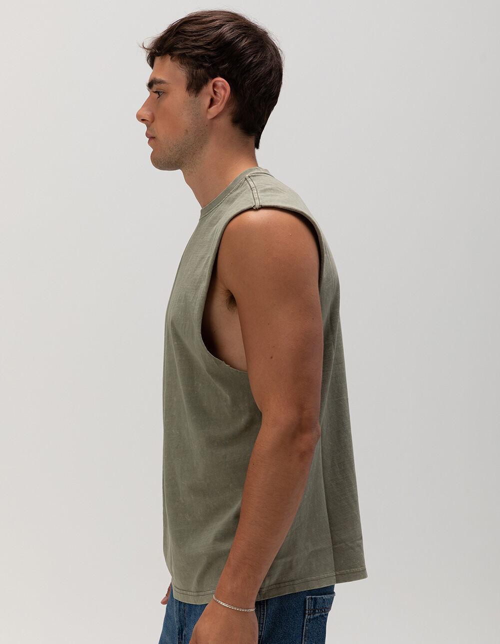 RSQ Mens Acid Wash Muscle Tee - OLIVE Product Image