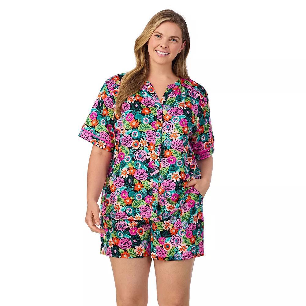 Plus Size Cuddl Duds® Short Sleeve Split Neck Pajama Top & Pajama Shorts Set, Women's, Size: 3XL, Black Floral Product Image
