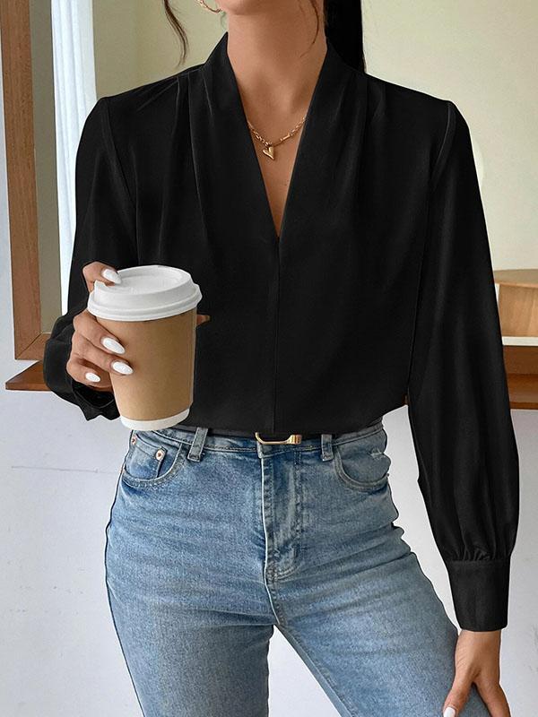 Long Sleeves Loose Pleated Solid Color Split-Joint V-Neck Blouses&Shirts Tops Product Image