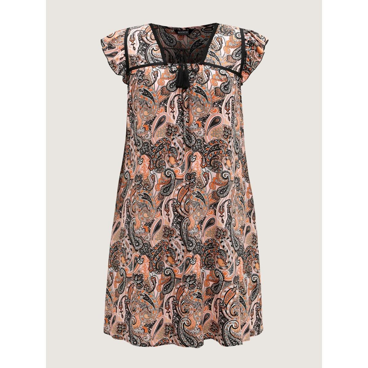 Plus Size Rayon Paisley Print Neck Tie Midi Dress Multicolor Women Boho Square Neck Cap Sleeve Curvy BloomChic 12/L Product Image