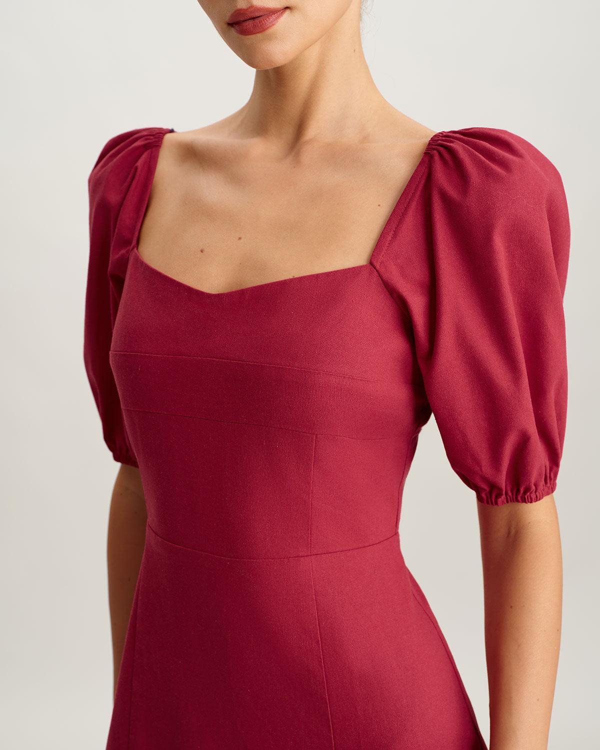 Red Square Neck Shirred Midi Dress Product Image