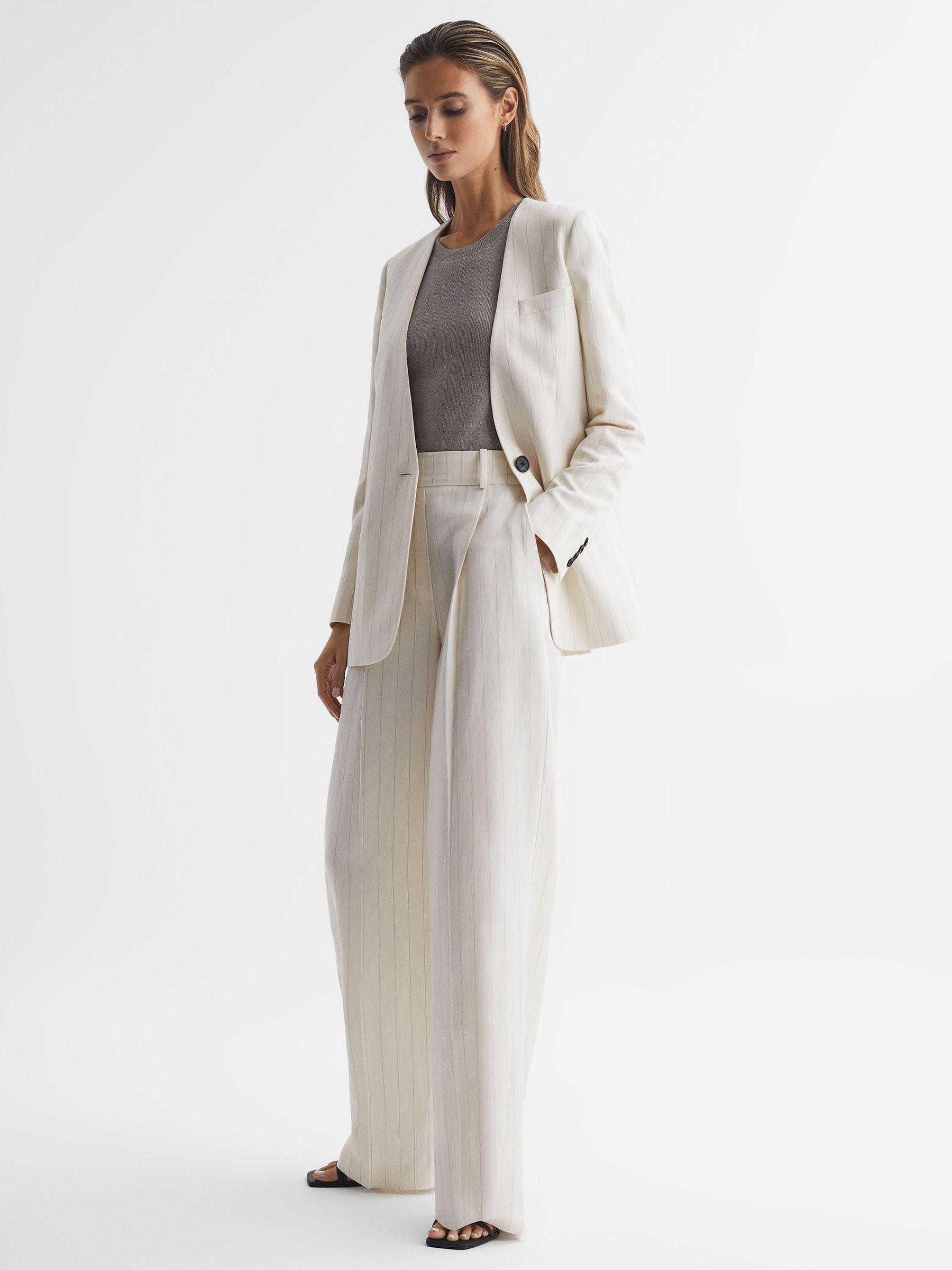 Collarless Pinstripe Blazer in White Product Image