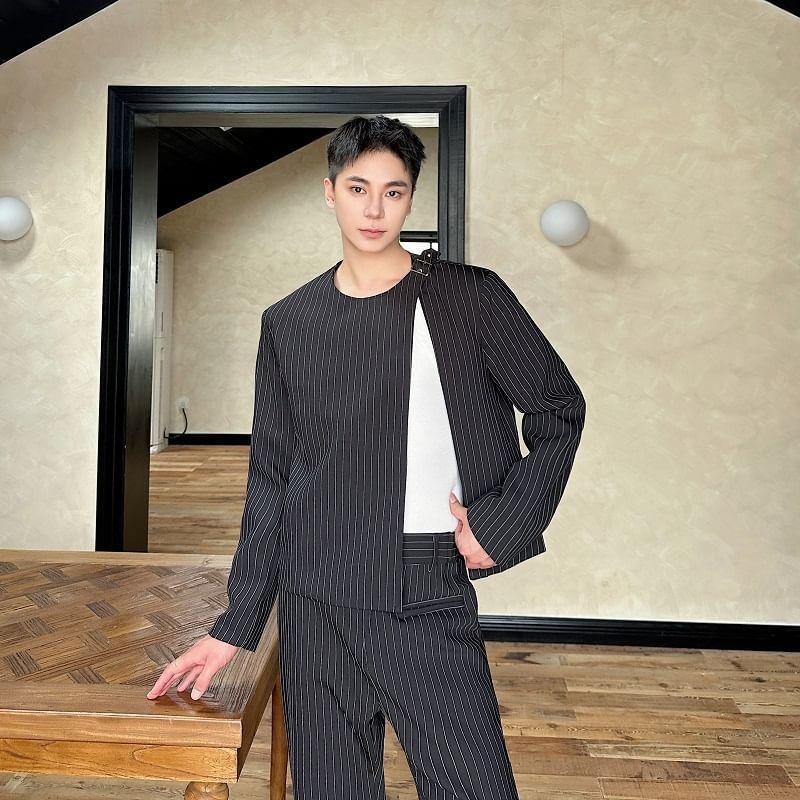 Set: Crew Neck Pinstriped Buckled Blazer + Mid Rise Wide Leg Dress Pants Product Image