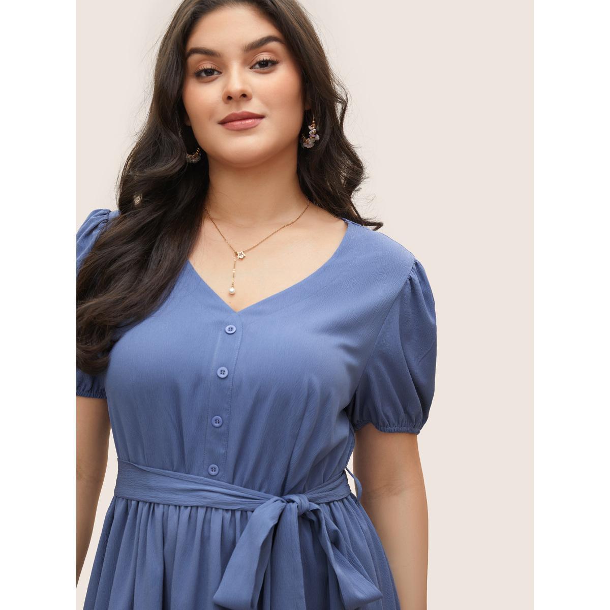 Plus Size Solid Button Detail Belted Elastic Waist Dress Stone Women At the Office Non V-neck Short sleeve Curvy Midi Dress BloomChic 14-16/1X Product Image