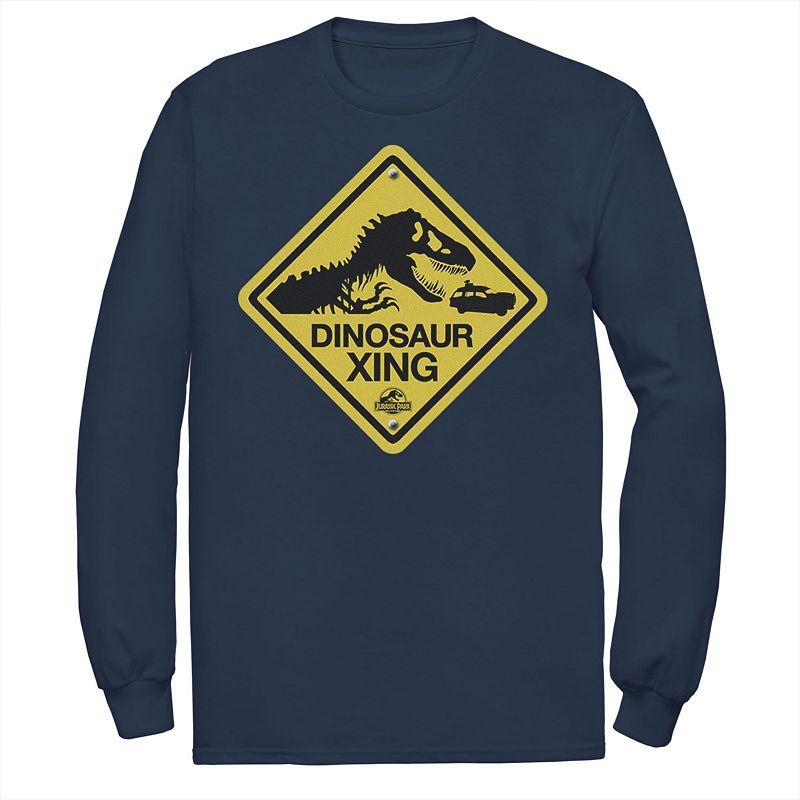 Mens Jurassic Park Dinosaur Crossing Yellow Sign Tee Blue Product Image