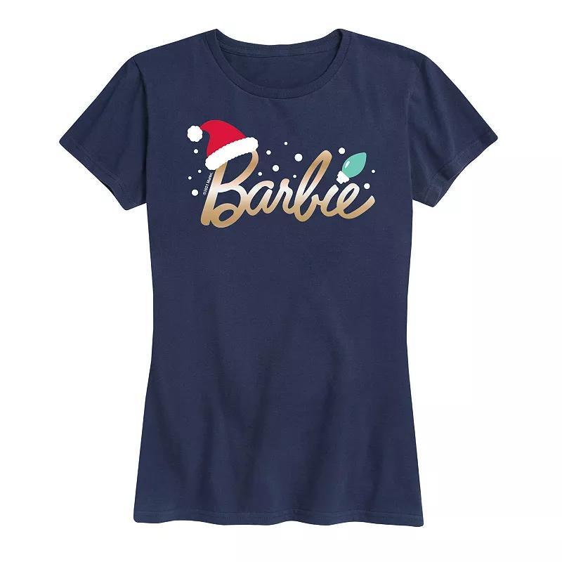 Womens Barbie Logo Santa Hat Graphic Tee, Girls Grey Blue Product Image