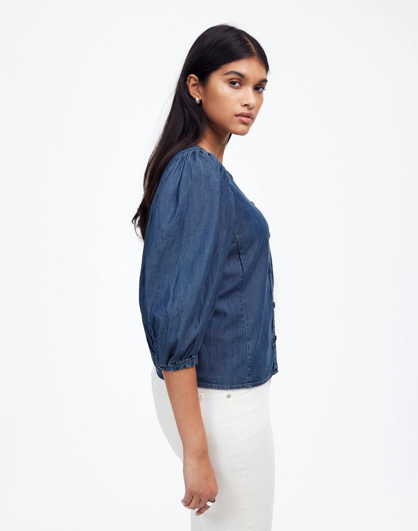 Denim Puff-Sleeve Button-Up Top Product Image
