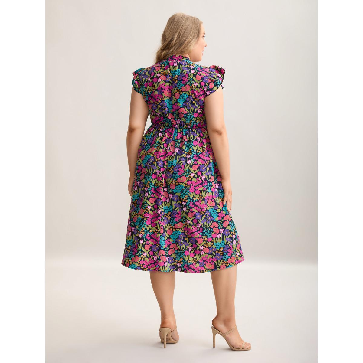 Plus Size Floral Print Shirred Pockets Midi Dress Indigo Women Romantic Frill Trim Mock Neck Cap Sleeve Curvy BloomChic 28/5X Product Image