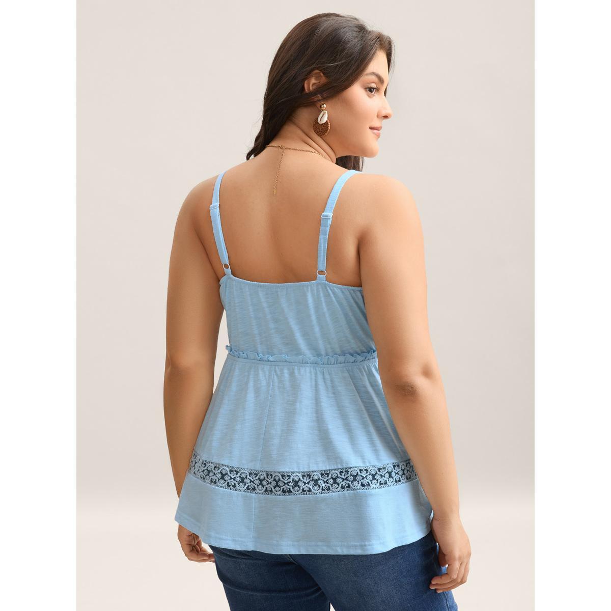 Plus Size Lace Trim Pleated Plain Tank Top Women LightBlue Boho Woven ribbon&lace trim Non Vacation Tank Tops Camis BloomChic 14-16/1X Product Image