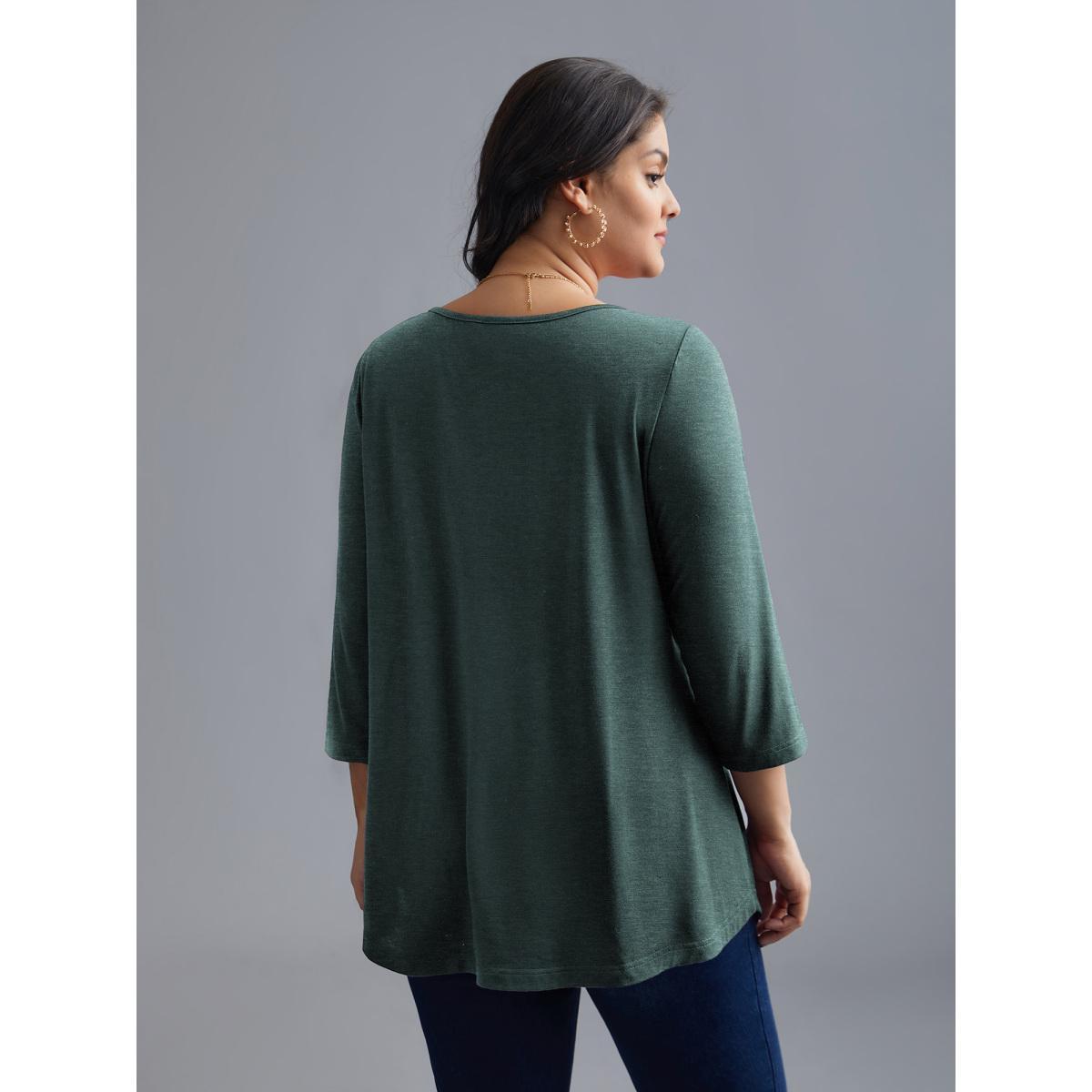 Plus Size Asymmetrical Hem Overlap Long T-shirt DarkSlateGray Women Elegant Tucked seam Round Neck Loose Everyday T-shirts BloomChic 28/5X Product Image